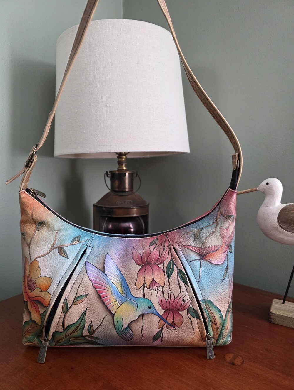 Anuschka Hand Painted Hummingbird Floral Genuine Leather Hobo Shoulder Bag